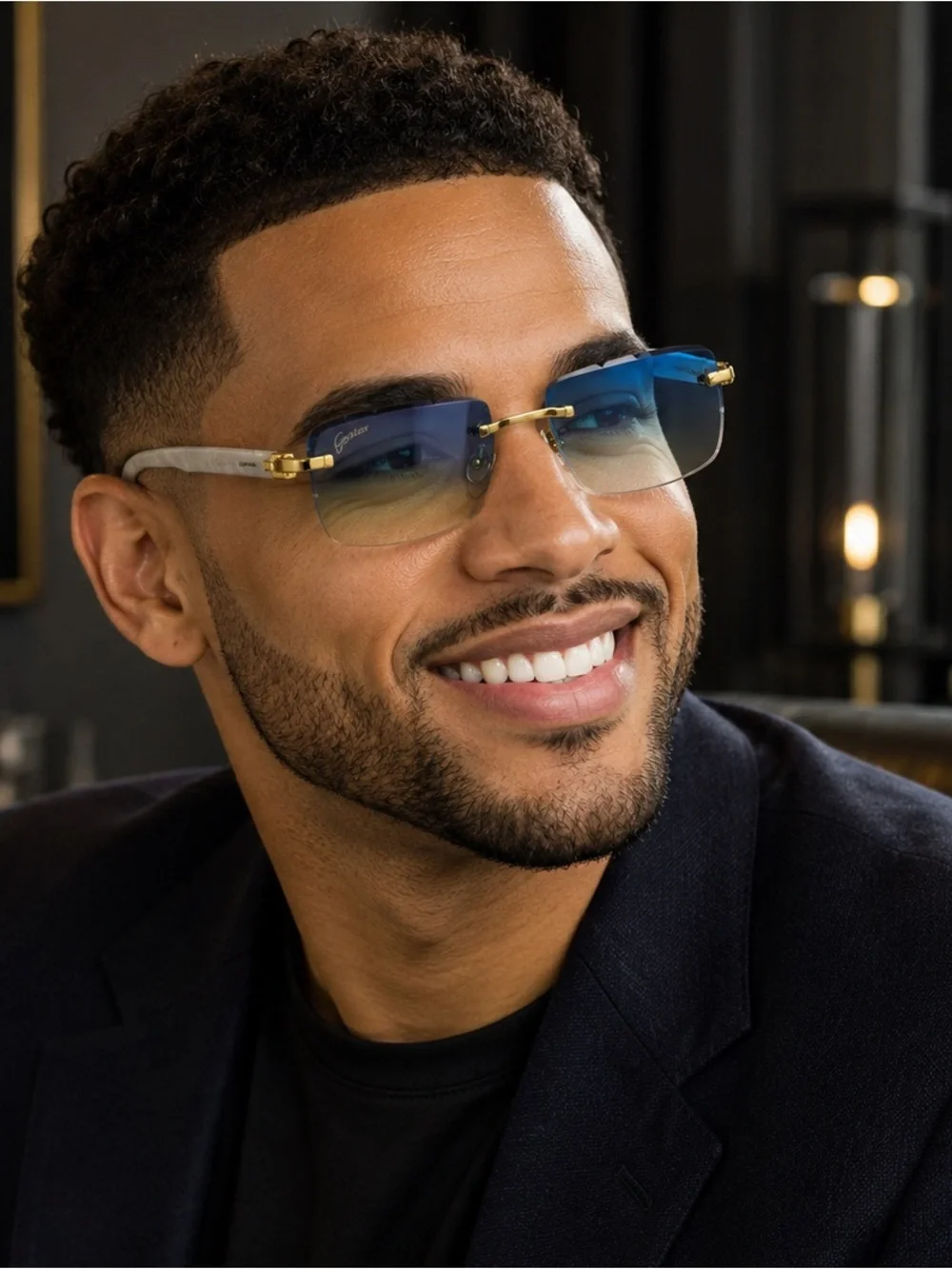 Cartier Blue Gradient Rimless Sunglasses with Gold and White Accents